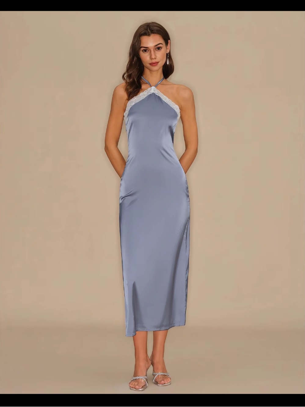 Commense Lace-Trim Satin Halter Midi Dress in Light Blue - Picture 2 of 6